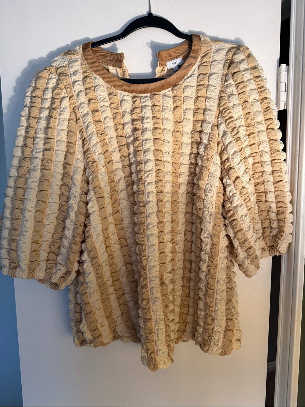 Joy Susan Cream and Tan Striped Textured Puff-Sleeve Top